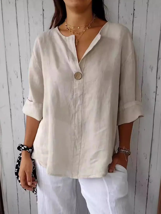 Full Size Linen Blend Notched Blouse Plus Size - Premium Shirt from Trendsi - Just $19.69! Shop now at Craftklart.store
