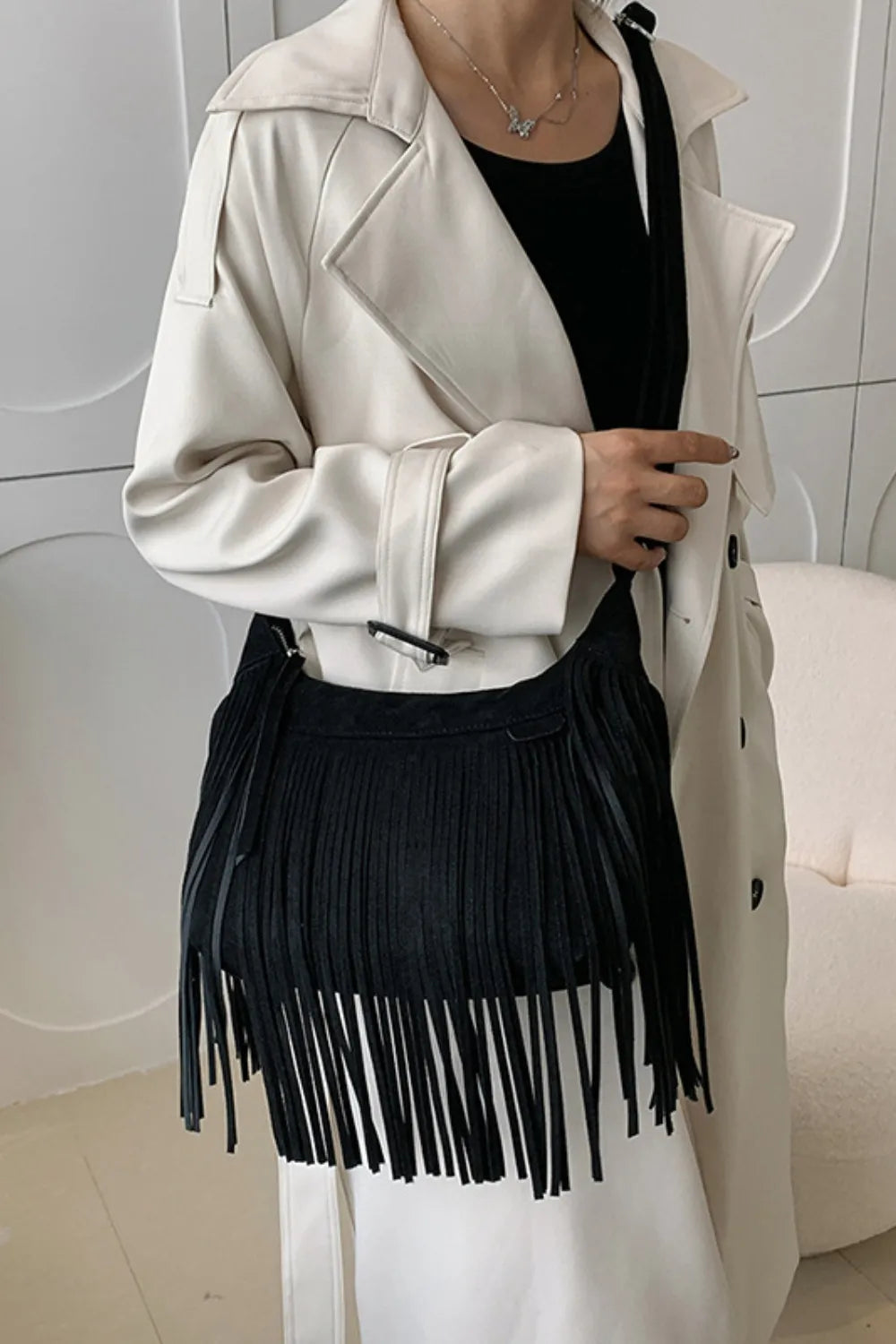 Suede Fringe Adjustable Strap Shoulder Bag - Premium Crossbody Bag from Trendsi - Just $21.74! Shop now at Craftklart.store