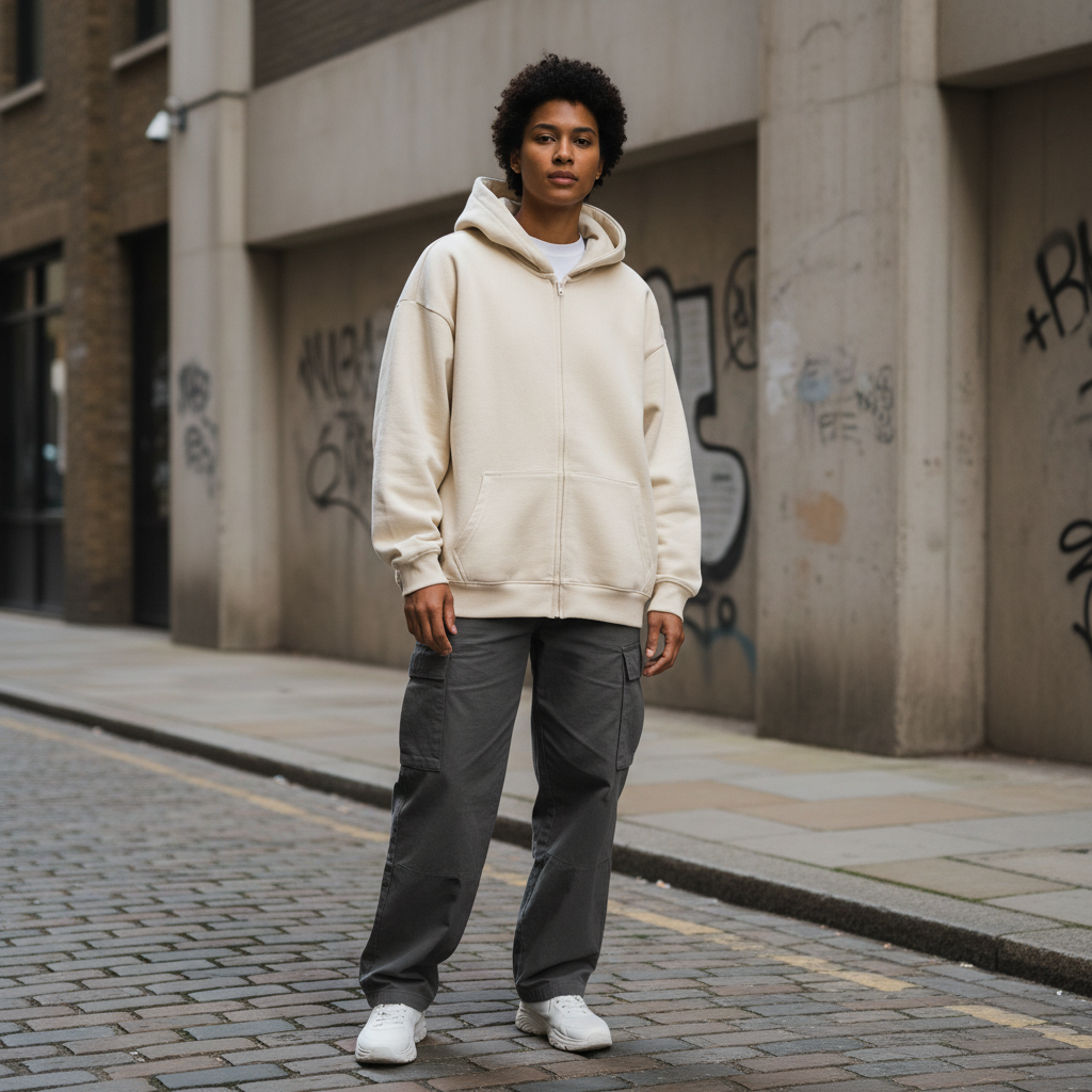 Unisex heavyweight oversized zip-up hoodie in black with a front pocket, made from 460GSM fabric, casual streetwear style.