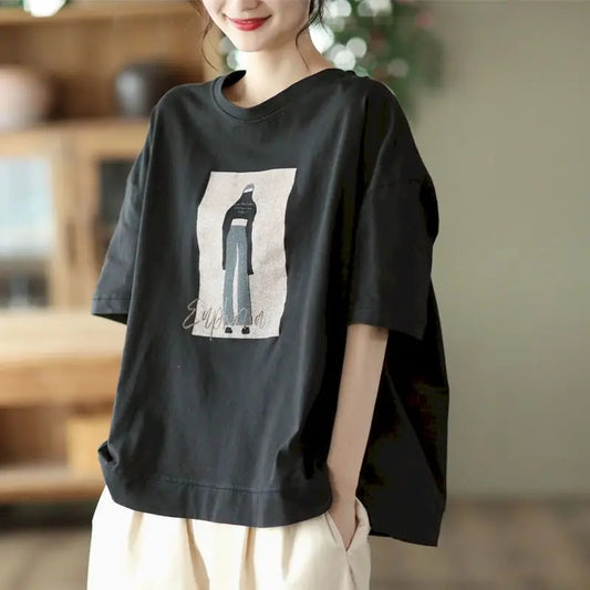 100% Cotton Loose T Shirt Women Fashion Retro Cartoon Print T-shirt Oversized Pullover Casual Short Sleeves TShirts Summer 2023 - Premium  from Craftklart.store - Just $16.98! Shop now at Craftklart.store