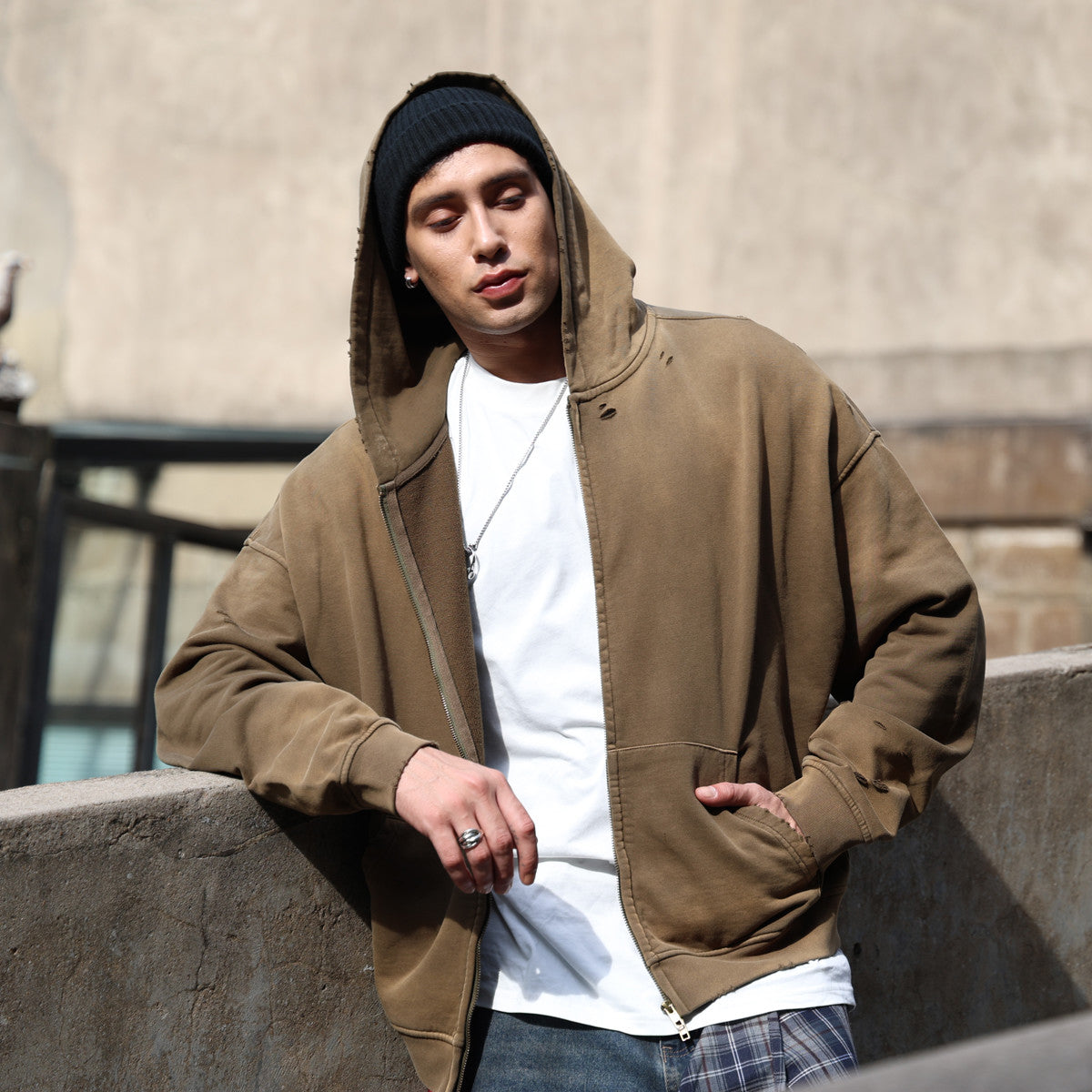 Distressed Zip-Up Hoodie — 420GSM