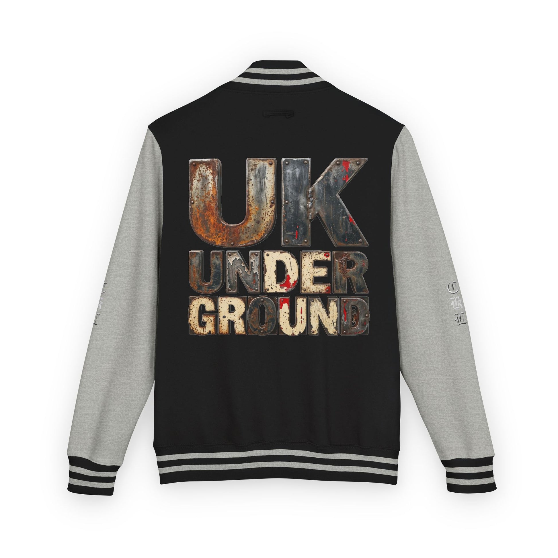 Craftklart UK Underground varsity jacket with retro letterman design, streetwear style, in a close-up shot showcasing the jacket's details.