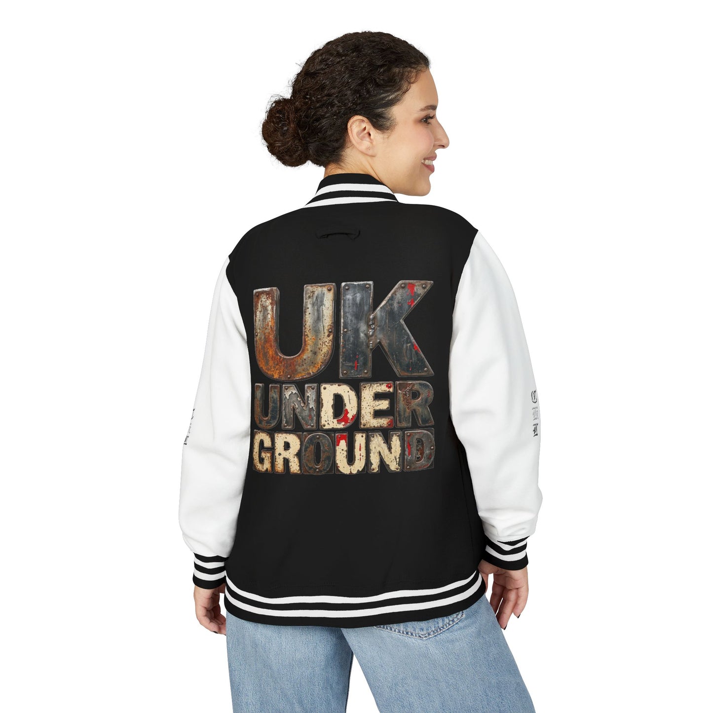 Craftklart UK underground varsity jacket with retro letterman style, streetwear design, featuring bold lettering and classic varsity details.