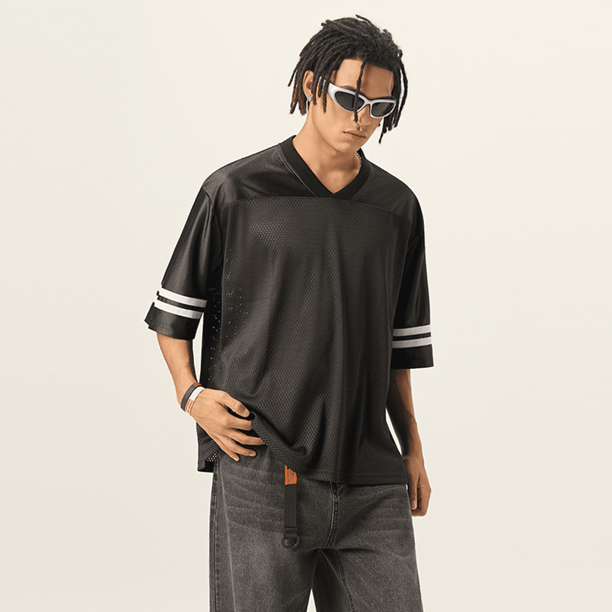 Urban Fashion & Streetwear contrast cut-out V-neck T-shirt with oversized fit, 240GSM, featuring unique design details.