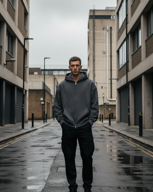 Unisex oversized zip-up hoodie from Urban Fashion & Streetwear, heavyweight cropped design in black with front pockets and high collar.
