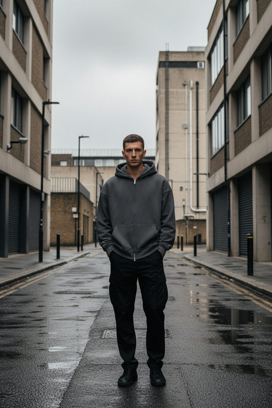 Unisex oversized zip-up hoodie from Urban Fashion & Streetwear, heavyweight cropped design in black with front pockets and high collar.