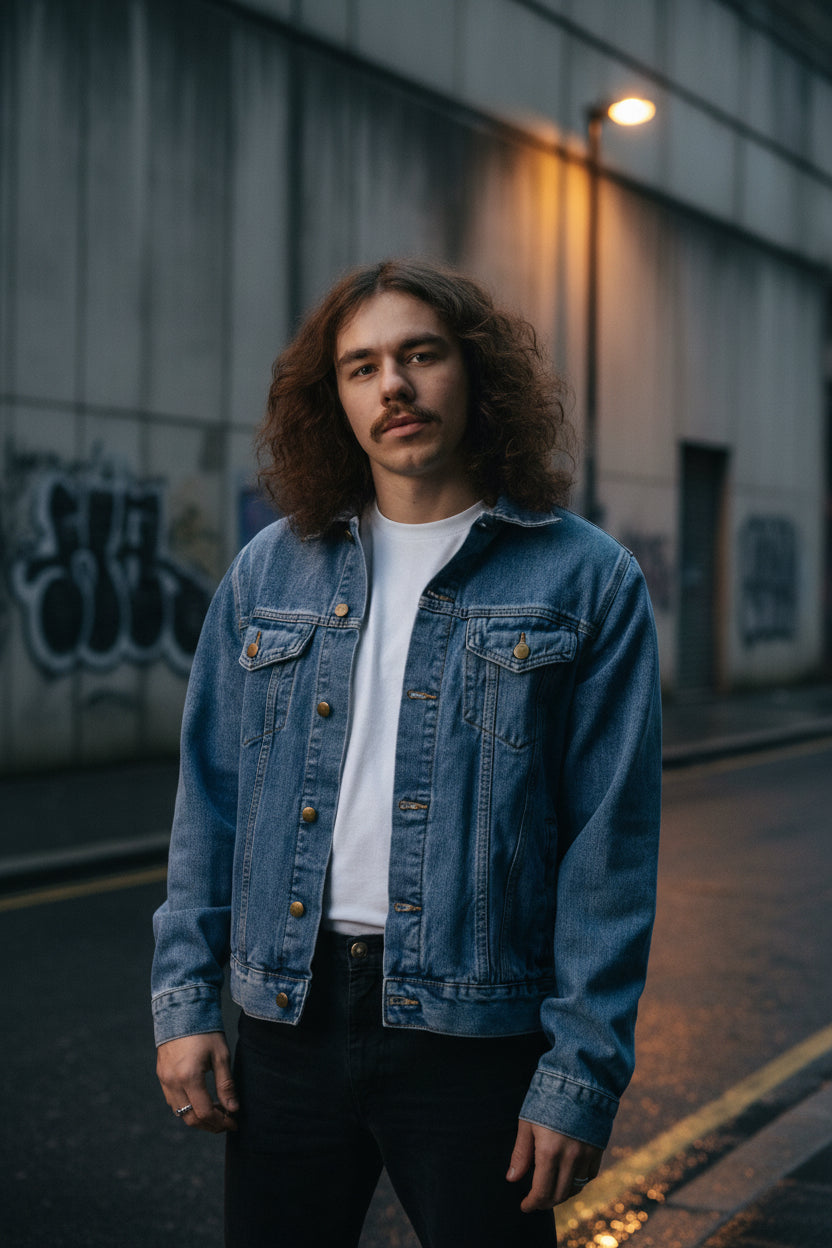 Vintage UK Underground denim jacket with graphic print, stylish streetwear outerwear by Urban Fashion & Streetwear.