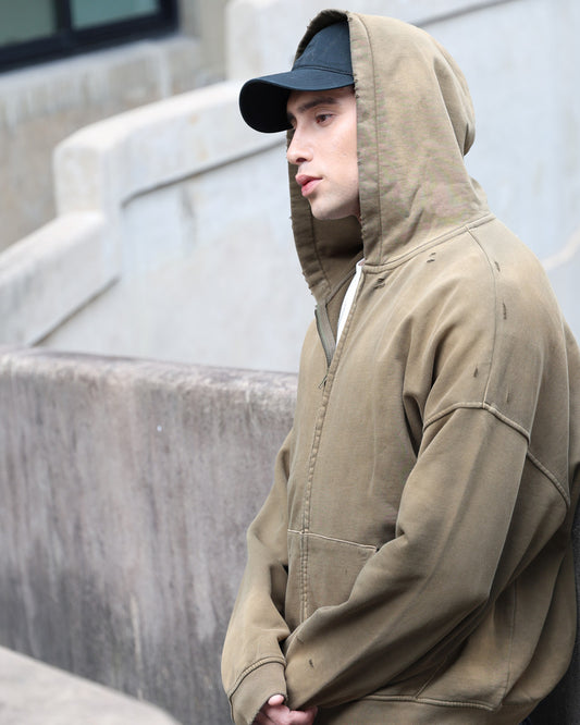 Distressed Zip-Up Hoodie — 420GSM