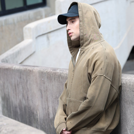 Distressed Zip-Up Hoodie — 420GSM