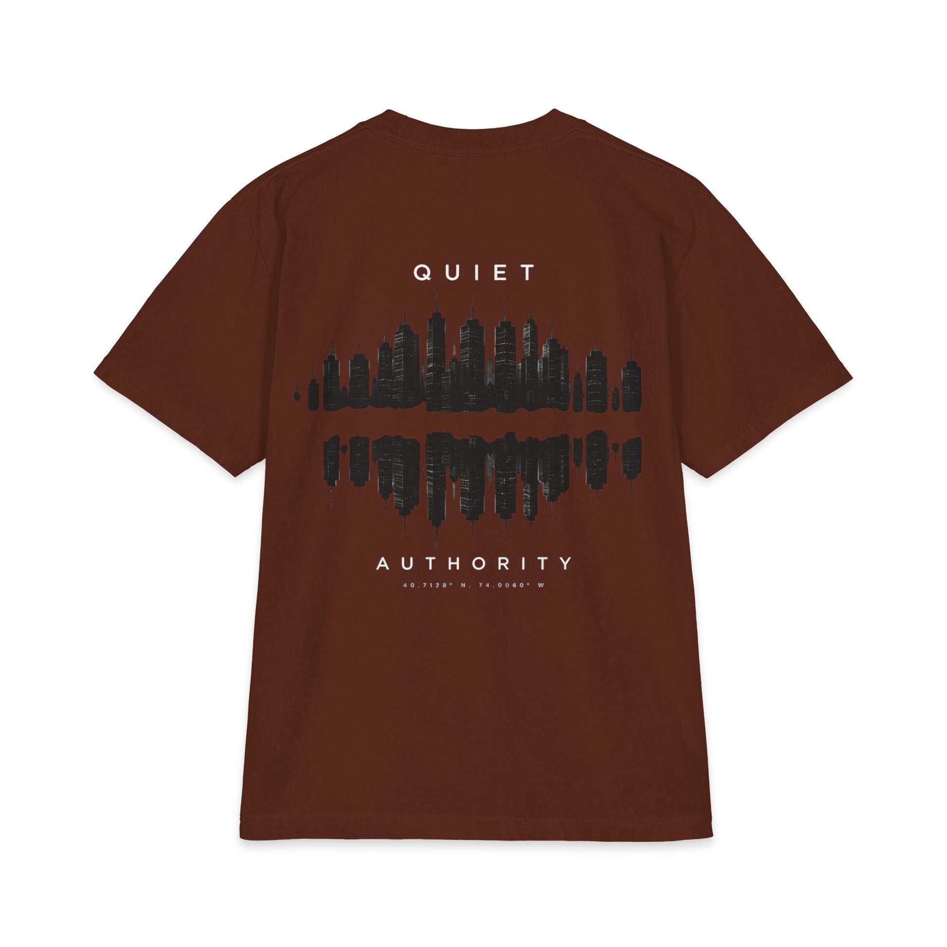 Urban graphic T-shirt featuring a city skyline design on a heavyweight Printify T-shirt, showcasing cityscape artwork.