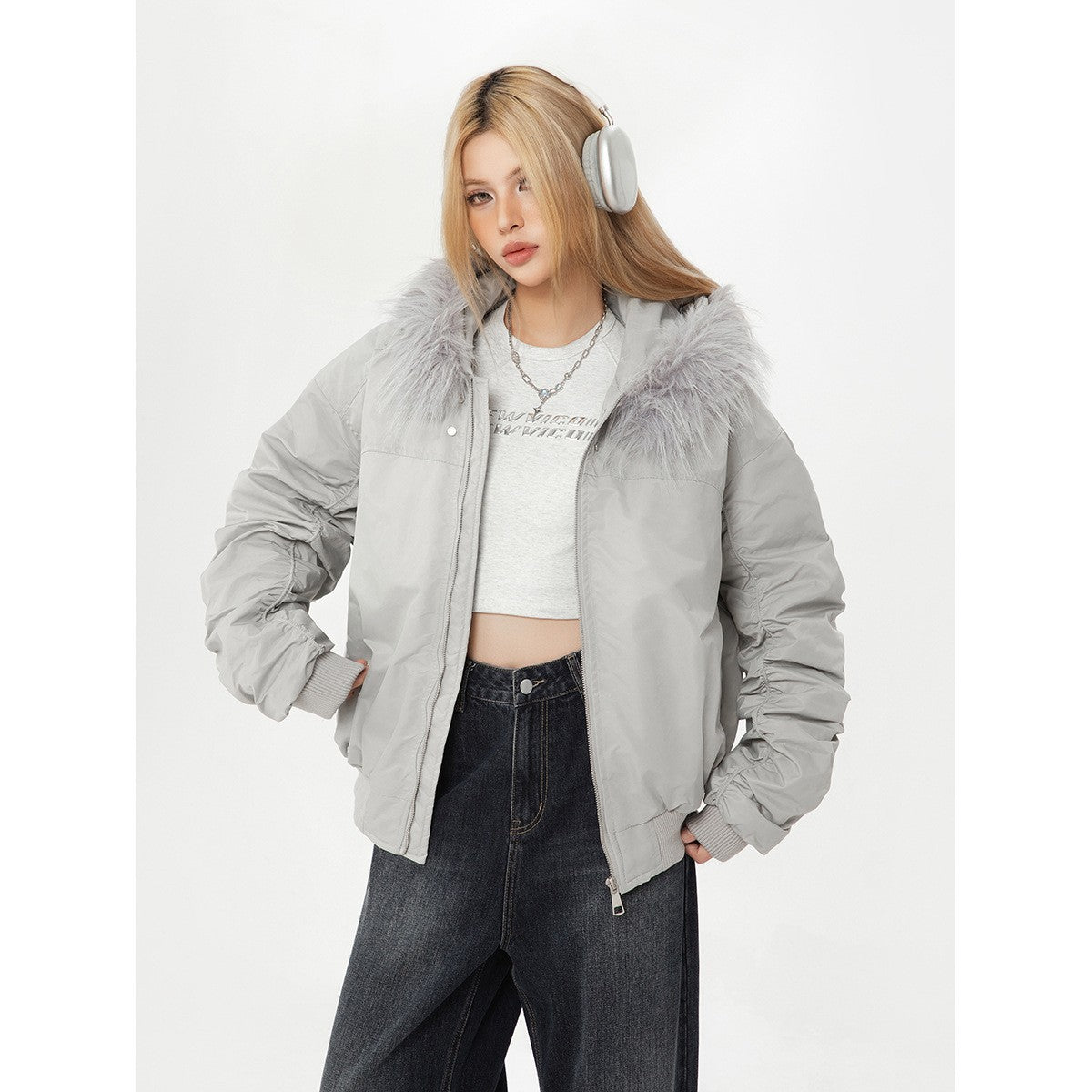 Winter Warm Hooded Flight Jacket with Fur Collar Unisex Cotton Coat