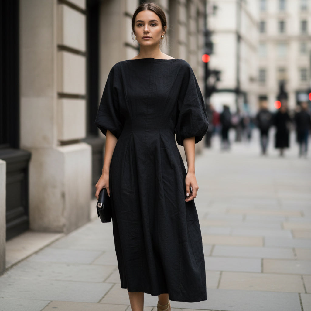 Lantern Sleeve Maxi Dress – Solid Loose Fit