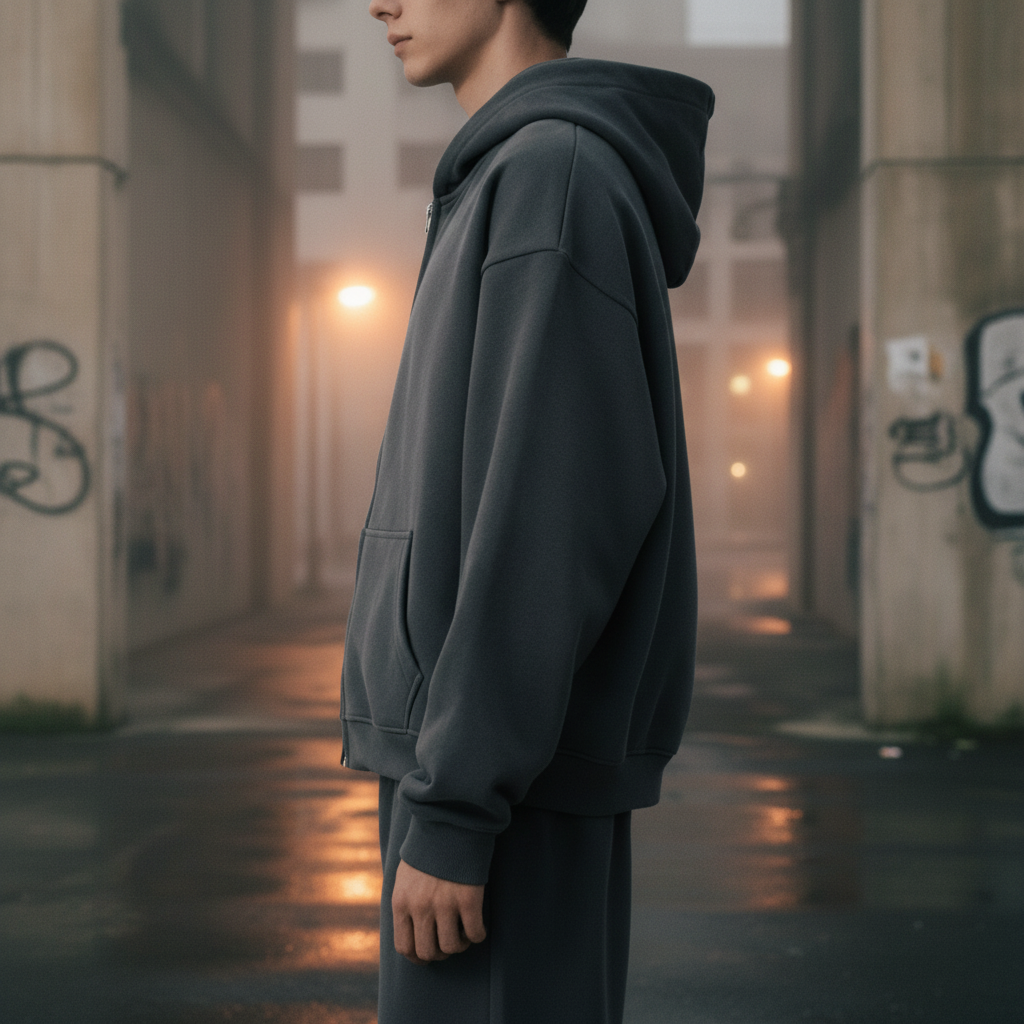 Unisex heavyweight cropped oversized zip-up hoodie in gray, featuring a front zipper and hood from Urban Fashion & Streetwear Craftklart.