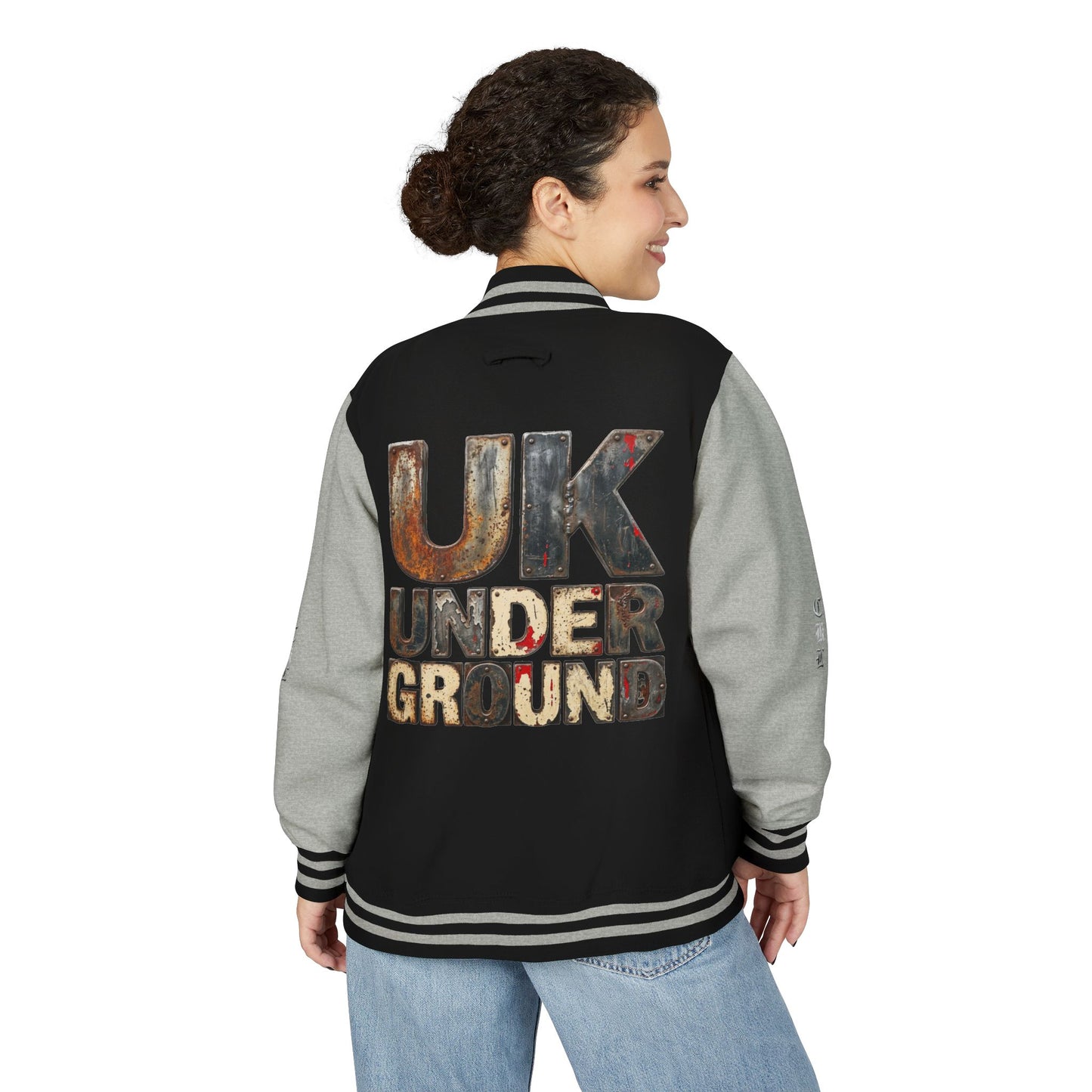 Craftklart UK Underground varsity jacket by Printify featuring retro letterman style, classic streetwear design, and athletic-inspired details.