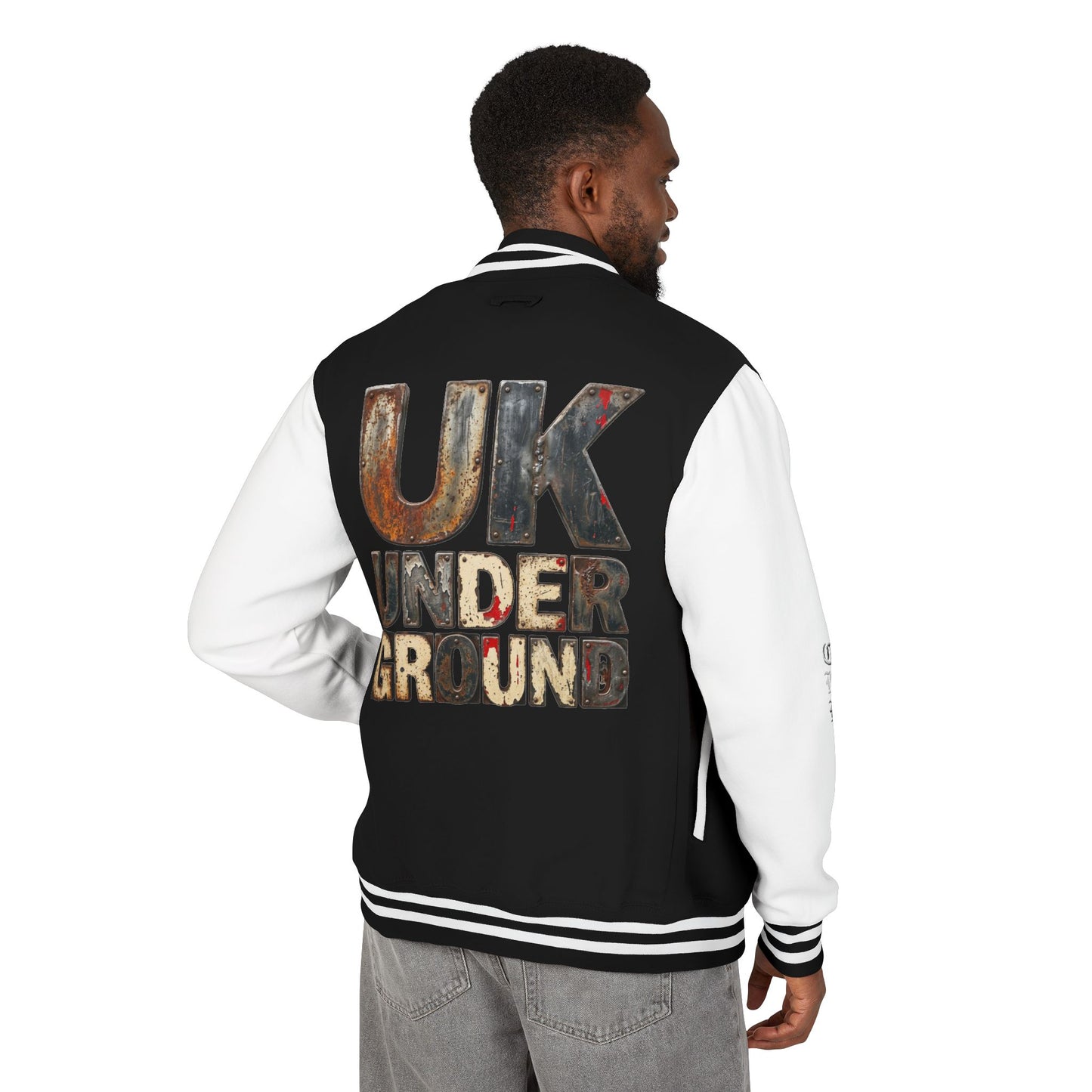 Craftklart UK Underground varsity jacket by Printify featuring retro letterman style and classic streetwear design.