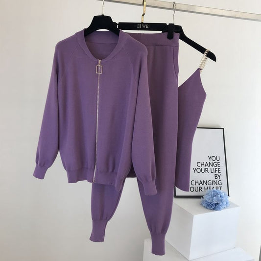 Three-Piece Chain Sling Knitted Jacket With Elastic Pants - Craftklart.store