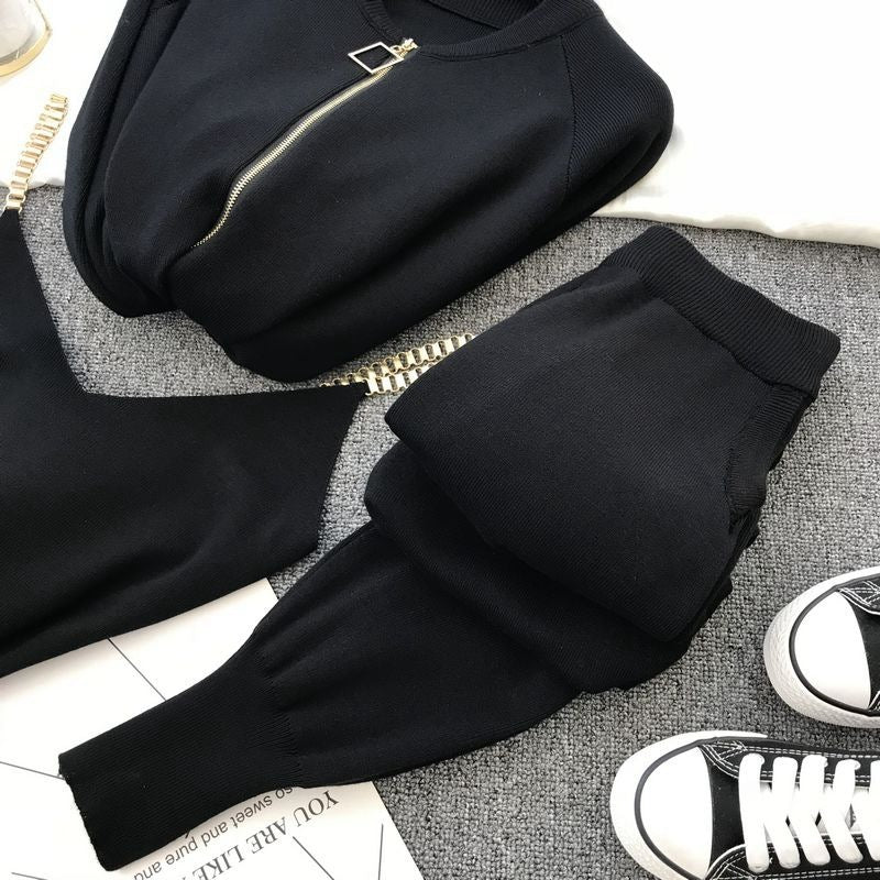 Three-Piece Chain Sling Knitted Jacket With Elastic Pants - Craftklart.store