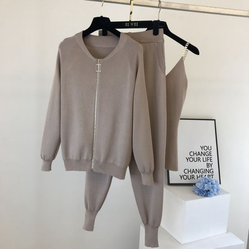 Three-Piece Chain Sling Knitted Jacket With Elastic Pants - Craftklart.store