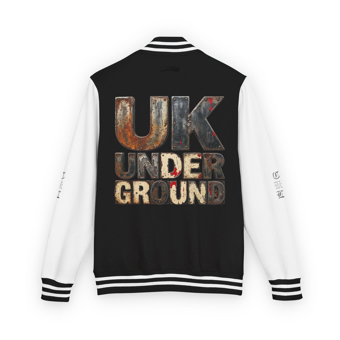 Craftklart UK Underground varsity jacket by Printify featuring retro letterman style streetwear with bold embroidered lettering.
