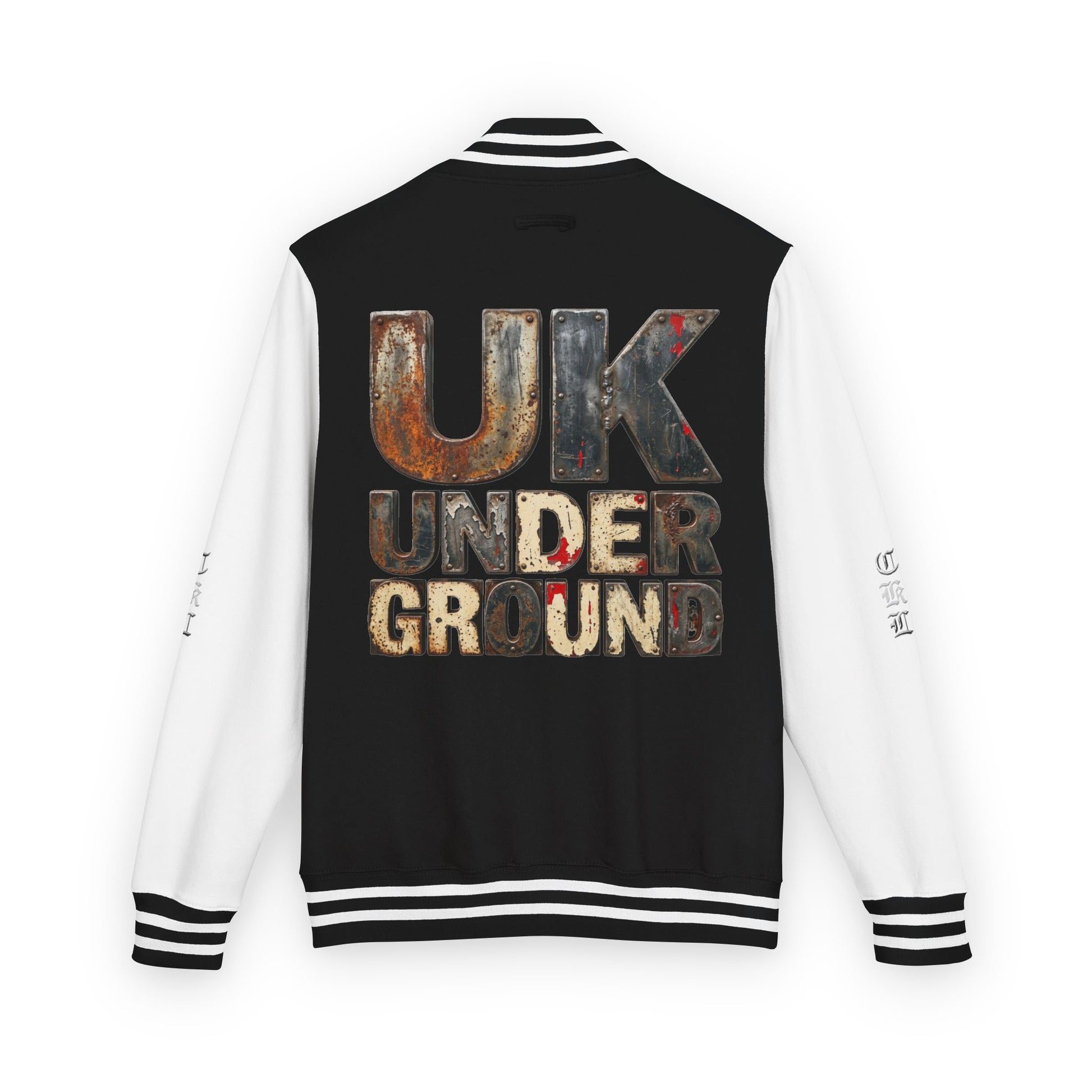 Craftklart UK Underground varsity jacket by Printify featuring retro letterman style streetwear with bold embroidered lettering.
