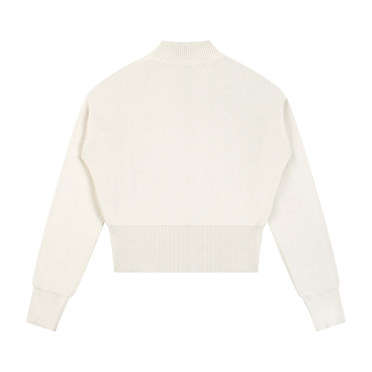 ODMPOD Stillform Mock Neck Zip Cardigan, close-up of beige knit cardigan with front zipper and mock collar detail.