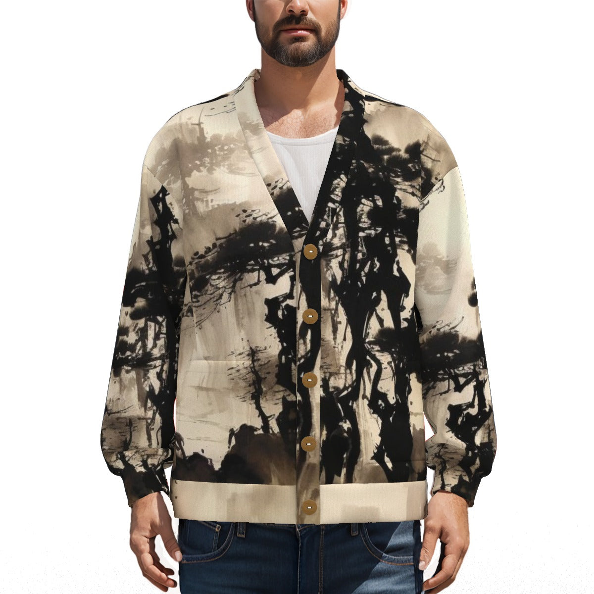 V-neck (AOP) Knitted Fleece Cardigan 1 With Button Closure - Premium Cardigan from Yoycol - Just $59.98! Shop now at Craftklart.store