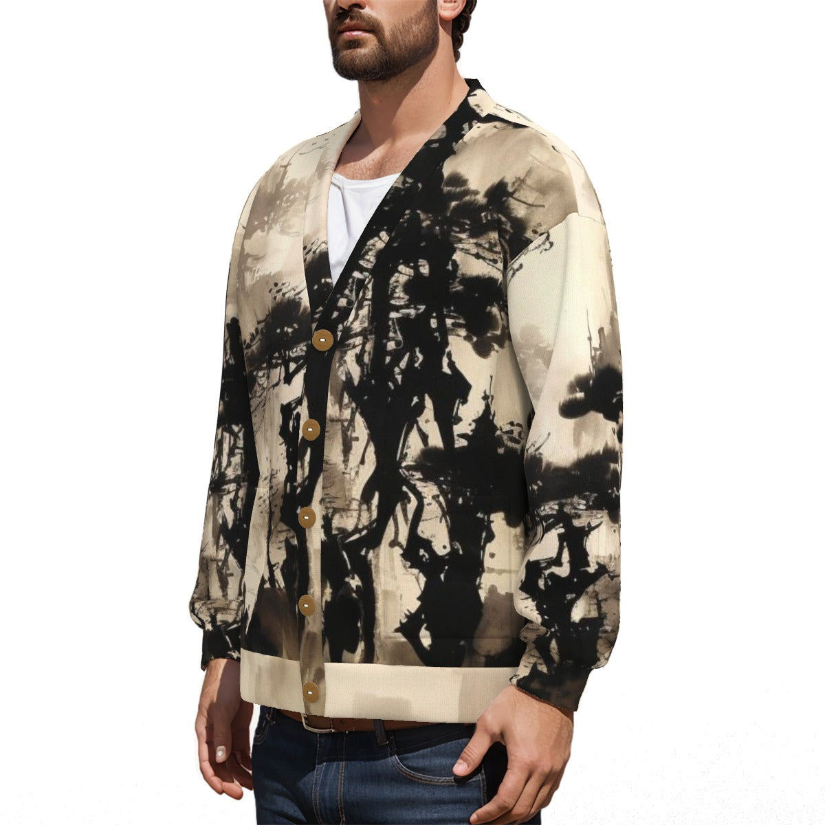 V-neck (AOP) Knitted Fleece Cardigan 1 With Button Closure - Premium Cardigan from Yoycol - Just $59.98! Shop now at Craftklart.store