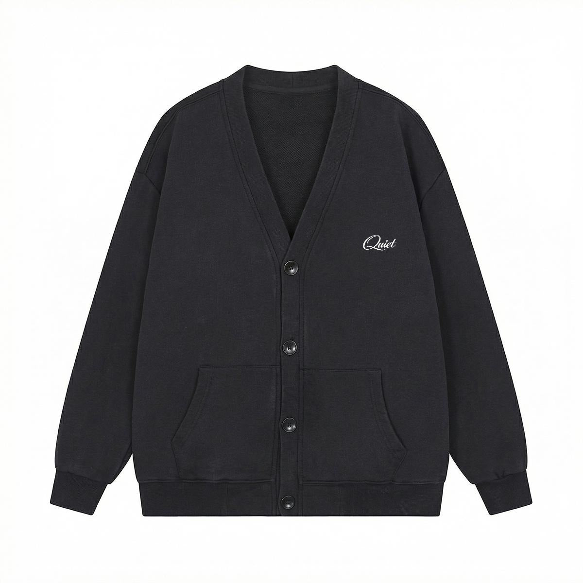 Men's relaxed cotton cardigan jacket with button-front, 360GSM, in a streetwear style, featuring a casual fit and textured fabric.