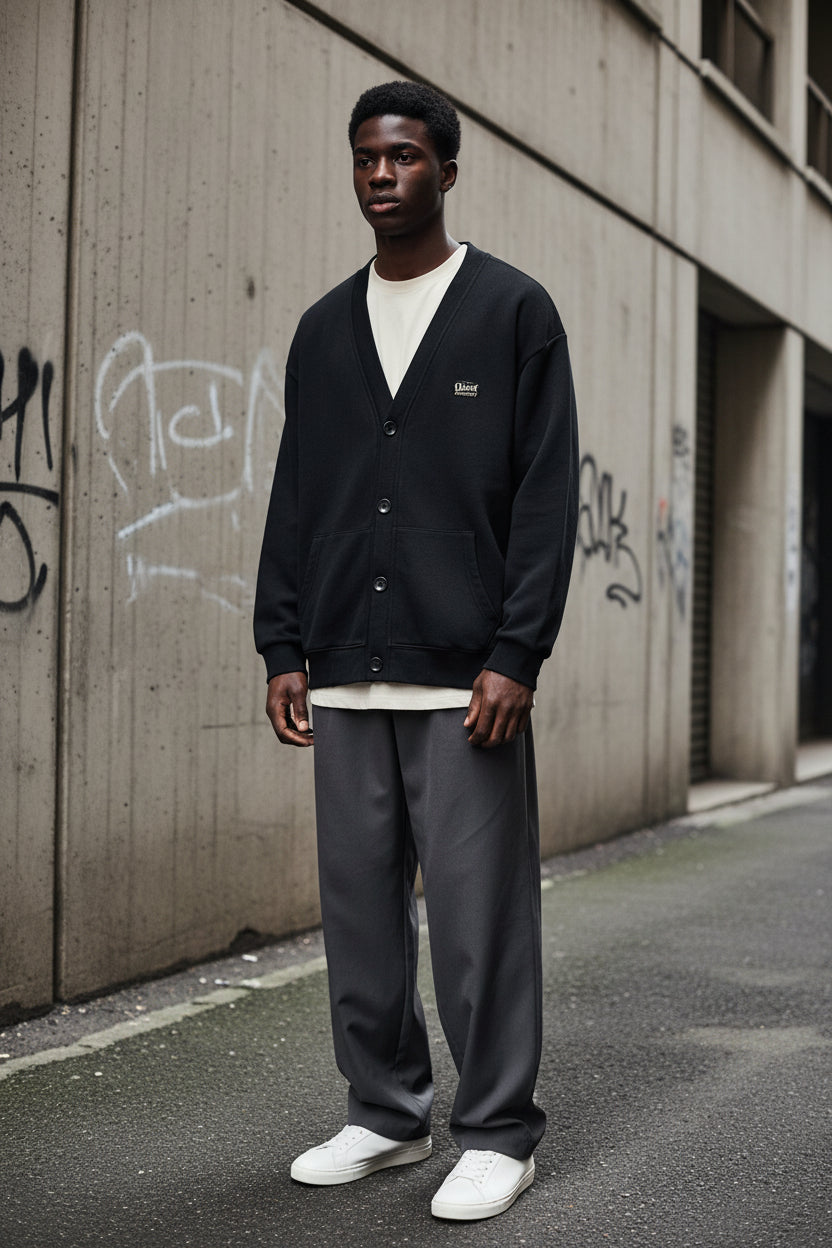 Men's Craftklart cotton button-front cardigan jacket with 360GSM DTF print, urban streetwear style, shown on a hanger.