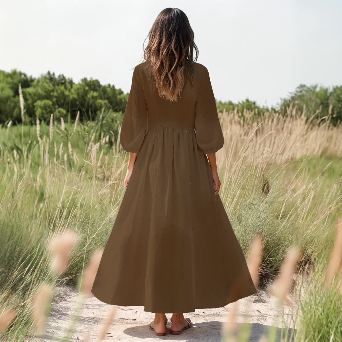 Earthern Tone Women's Urban Casual Long Sleeve Dress