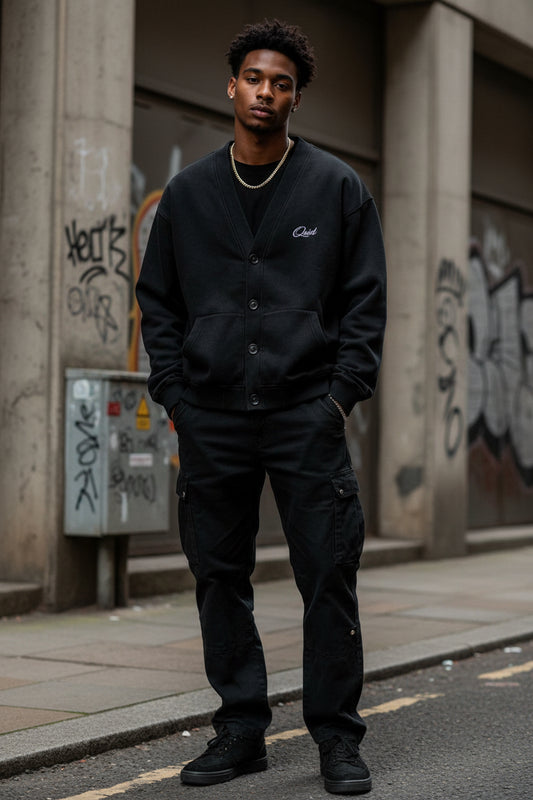 Men's relaxed cotton cardigan jacket with button-front closure, in a streetwear style, 360GSM fabric from Urban Fashion & Streetwear.