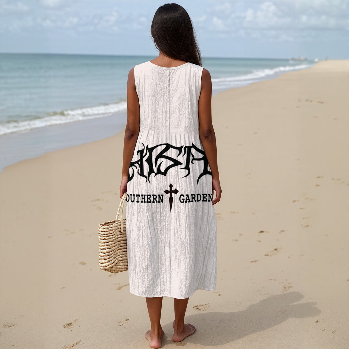 Light beige slub cotton sleeveless dress with loose A-line fit from Urban Fashion & Streetwear by Craftklart, shown on a model.