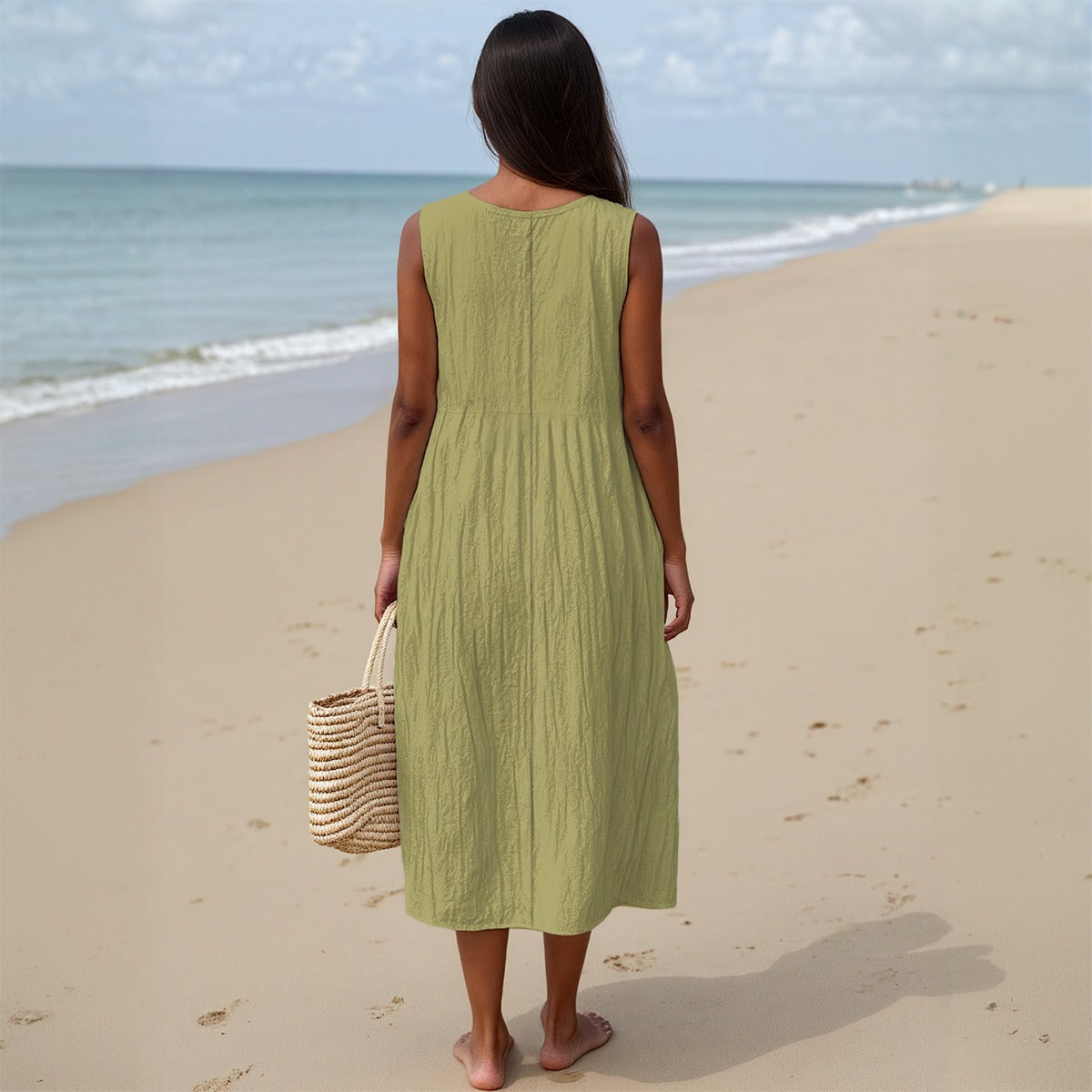 Women's Urban Cream Cotton Sleeveless Dress - Craftklart.store