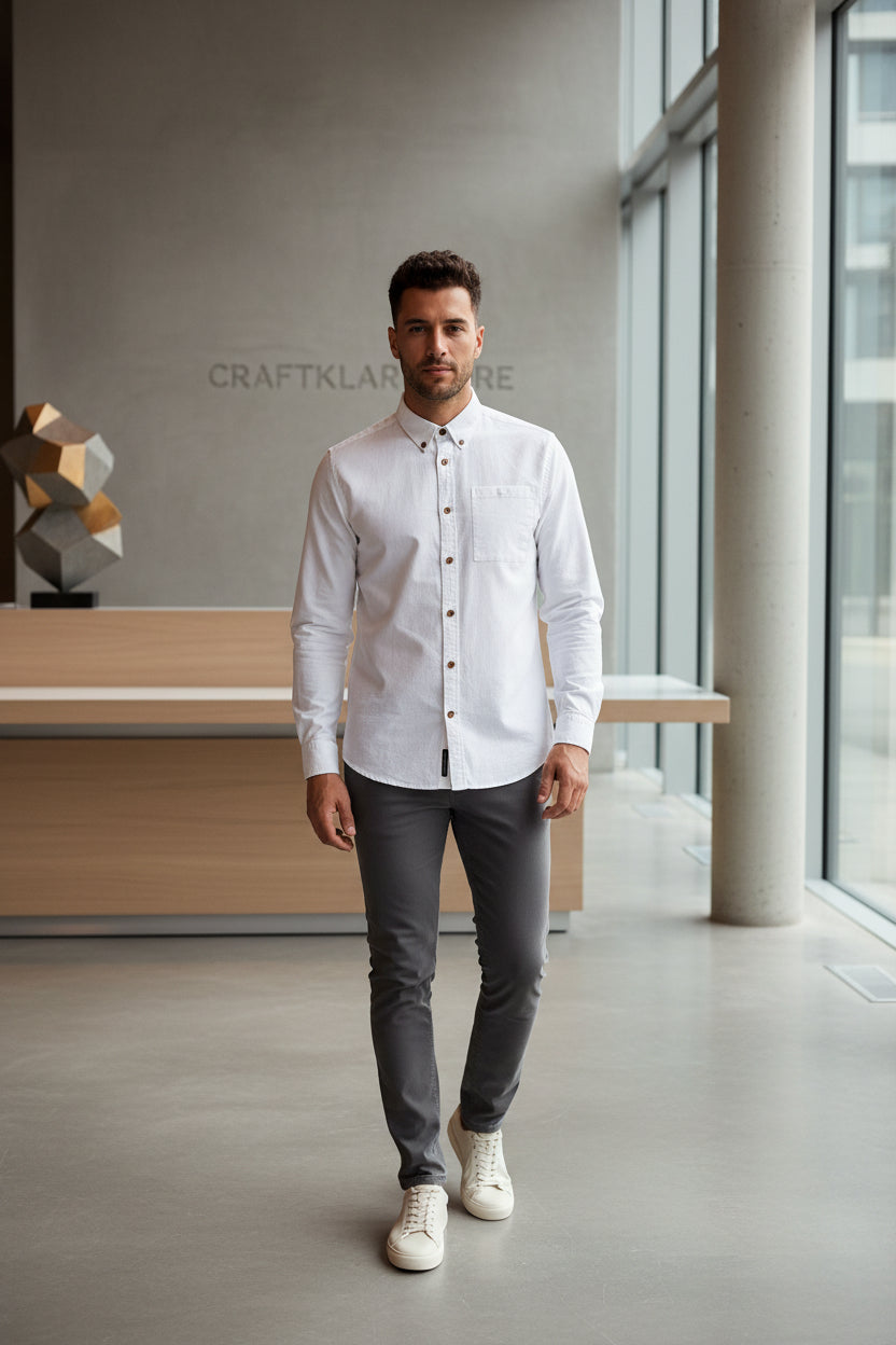 Men's white slub cotton long sleeve shirt with lapel, urban casual style, by Craftklart, displayed on a hanger.