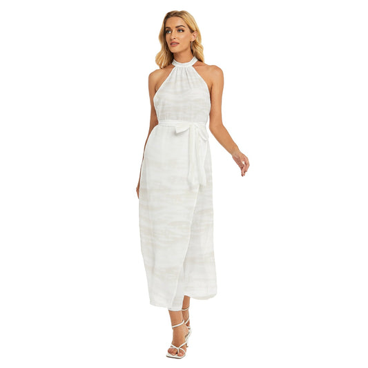 White All-Over Print Women's Wrap Hem Belted Halter Dress - Premium  from Craftklart.store - Just $38.04! Shop now at Craftklart.store