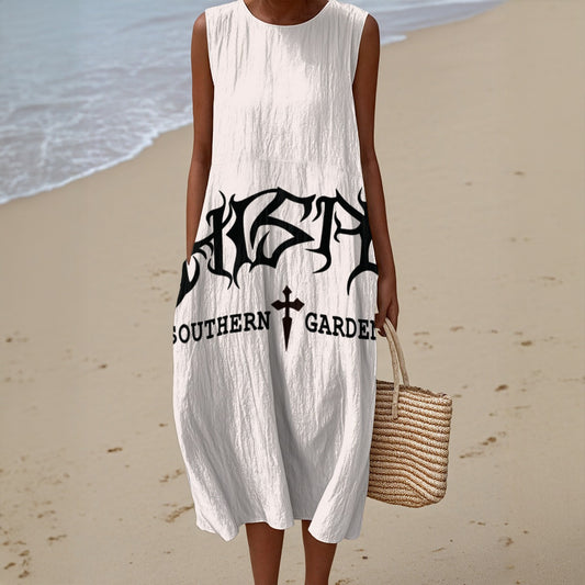 Light beige slub cotton sleeveless dress with loose A-line fit from Urban Fashion & Streetwear Craftklart, shown on a model.