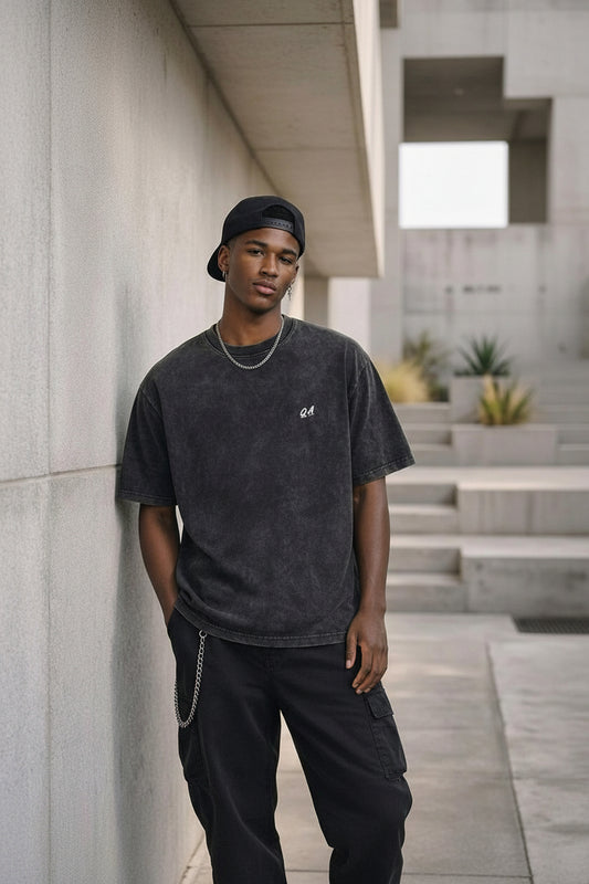 Yoycol vintage-washed 250GSM drop shoulder t-shirt with relaxed fit, showcasing soft fabric and casual style.