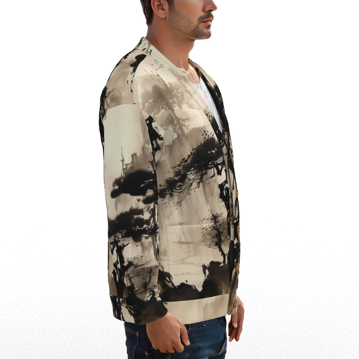 V-neck (AOP) Knitted Fleece Cardigan 1 With Button Closure - Premium Cardigan from Yoycol - Just $59.98! Shop now at Craftklart.store