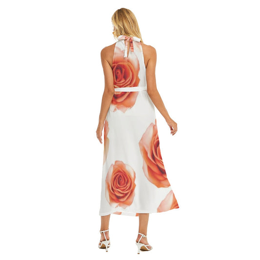 Summer Rose All-Over Print Women's Wrap Hem Belted Halter Dress - Premium Dress from Craftklart.store - Just $38.04! Shop now at Craftklart.store
