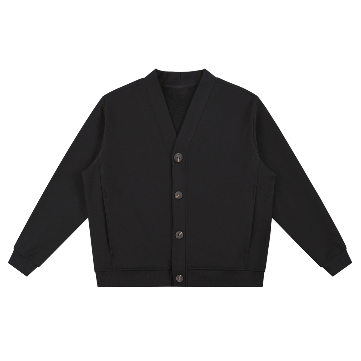 ODMPOD Formline Heavyweight Sweat Cardigan showing a cozy, thick knit cardigan with a relaxed fit and ribbed cuffs.