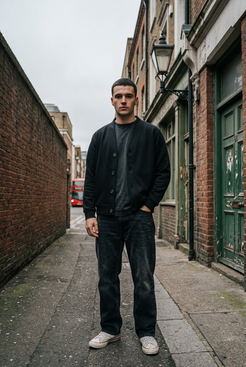 ODMPOD Formline Heavyweight Sweat Cardigan shown in a cozy, dark-colored knit with a relaxed fit and button closure.