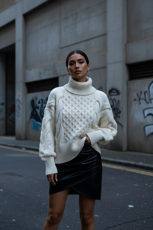 ODMPOD Craftklart chunky knit crew neck sweater in loose fit, cozy and stylish, shown in natural beige color.