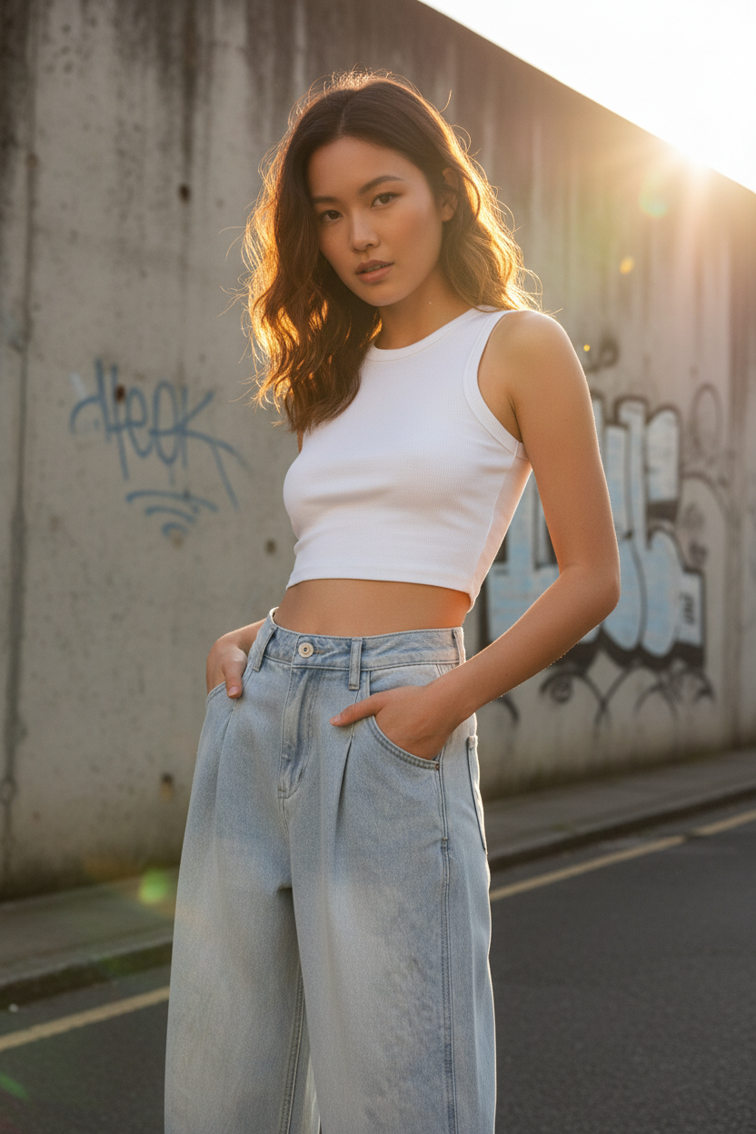 Relaxed Wide-Leg Jeans — Washed Denim