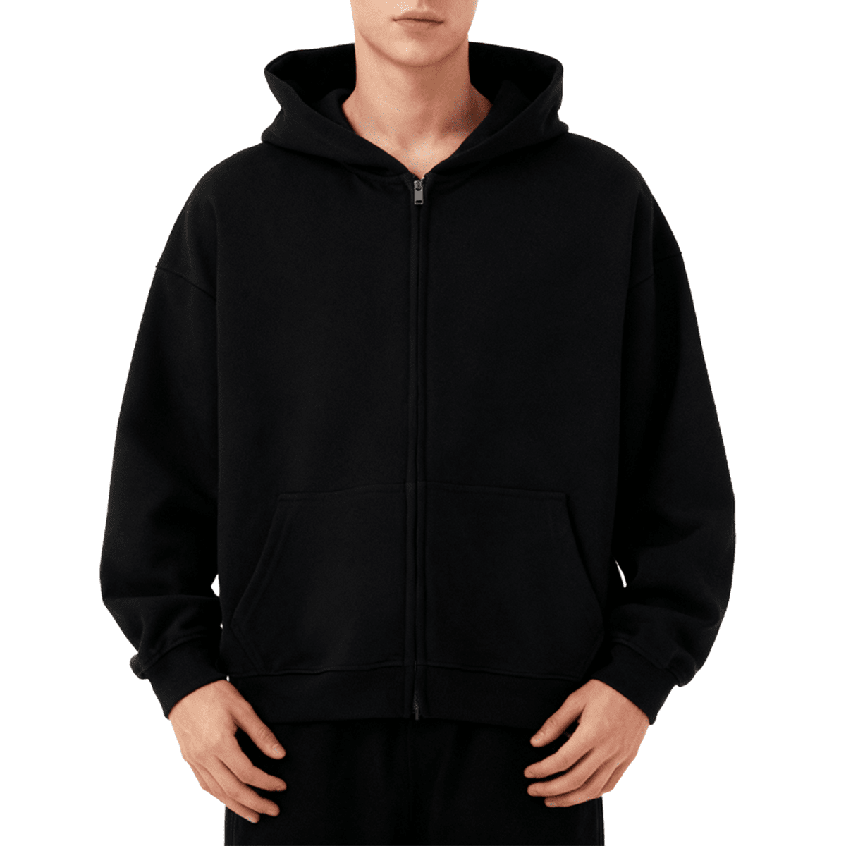 Unisex oversized cropped zip-up hoodie in heavyweight 460GSM fabric, black color, with front pockets and drawstring hood.