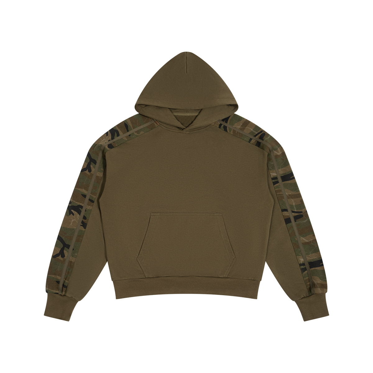 ODMPOD Fieldline Camo Panel Hoodie showing a camouflage design, hood, and casual fit on a white background.