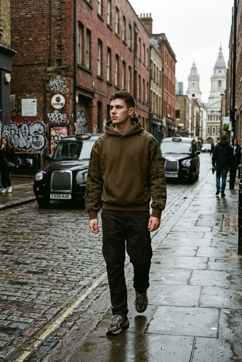 ODMPOD Fieldline Camo Panel Hoodie featuring a camouflage design, soft fabric, and a comfortable hood for outdoor casual wear.