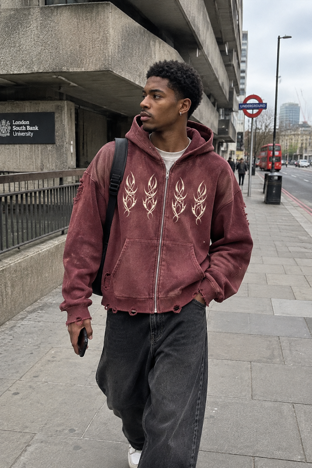 Craftklart Unseen Distressed Full-Zip Hoodie by ODMPOD, featuring a rugged distressed design and full-front zipper, casual and stylish.