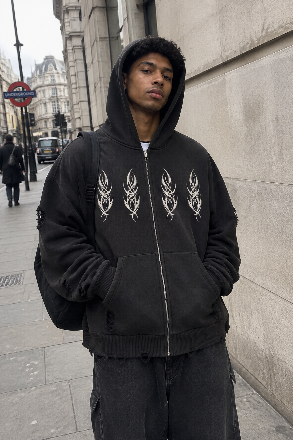 ODMPOD Craftklart Unseen Distressed Full-Zip Hoodie in gray with a distressed design and front pockets, casual streetwear style.