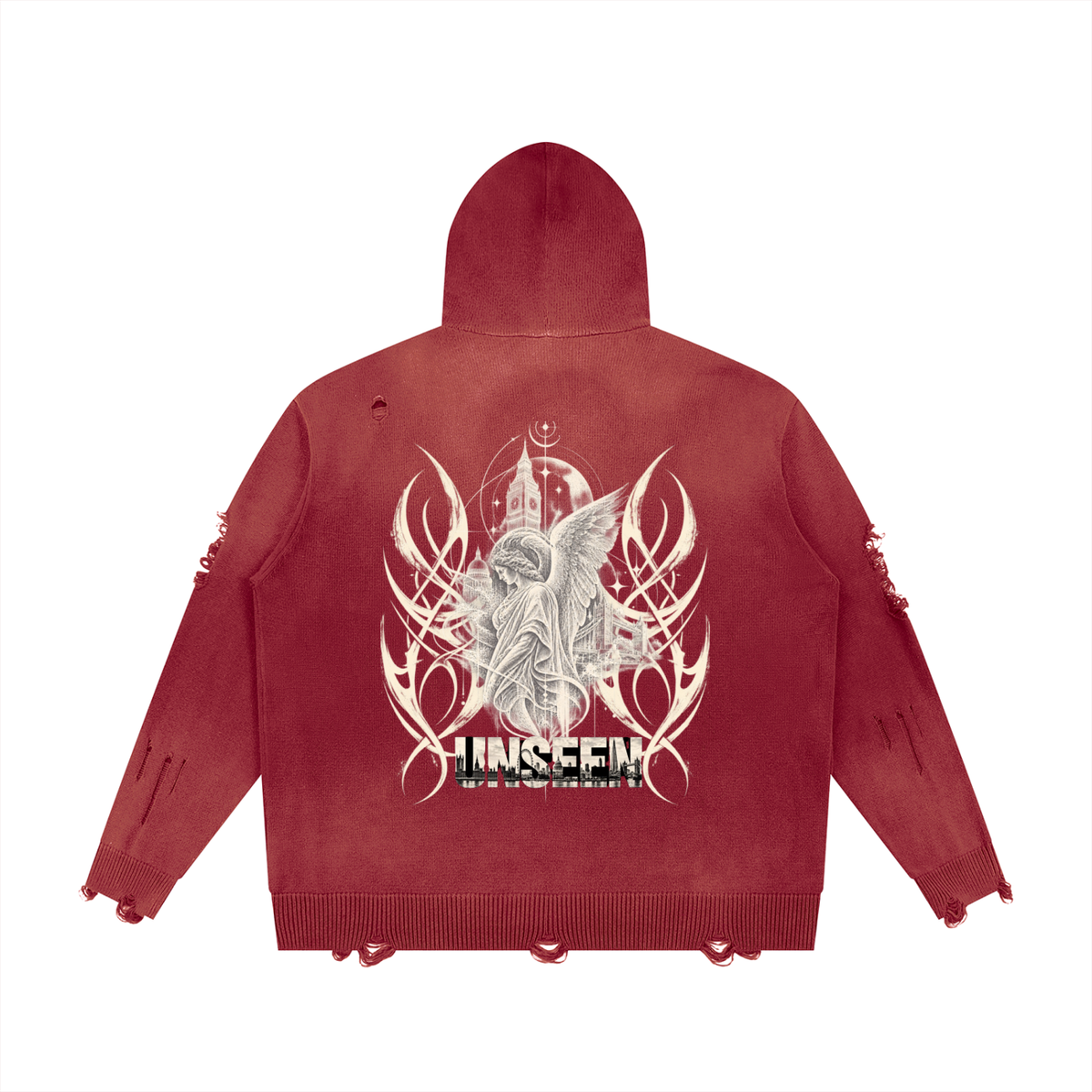 Unseen Distressed Full Zip Sweater