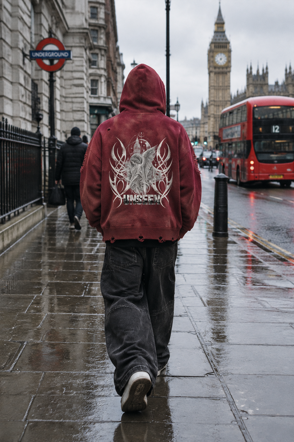 ODMPOD Craftklart Unseen Distressed Full-Zip Hoodie in black with a worn, vintage look and distressed details on the fabric.